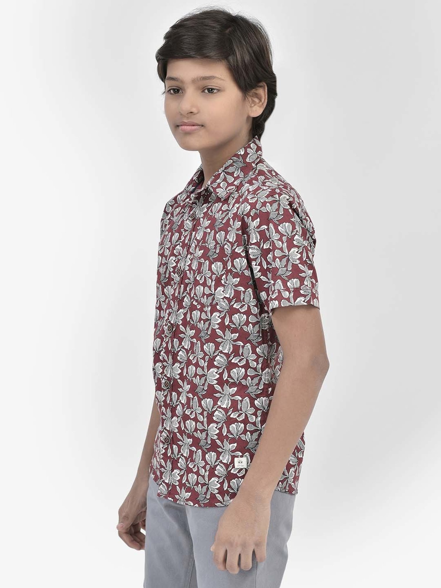 Crimsoune Club Kids Maroon Cotton Floral Print Shirt