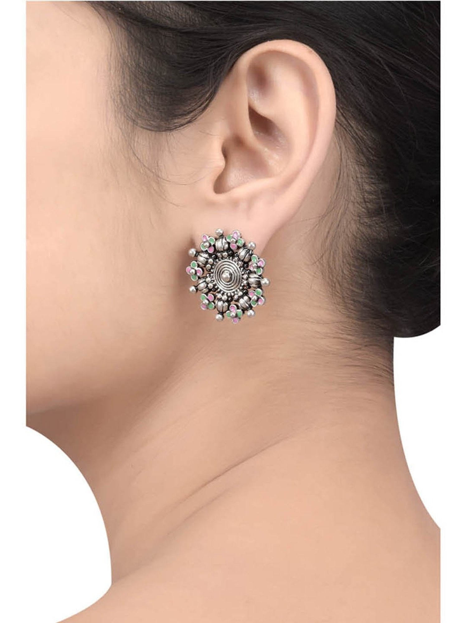 Tribe Amrapali Pink & Green Coin Flower Chandrika Stud Earrings
