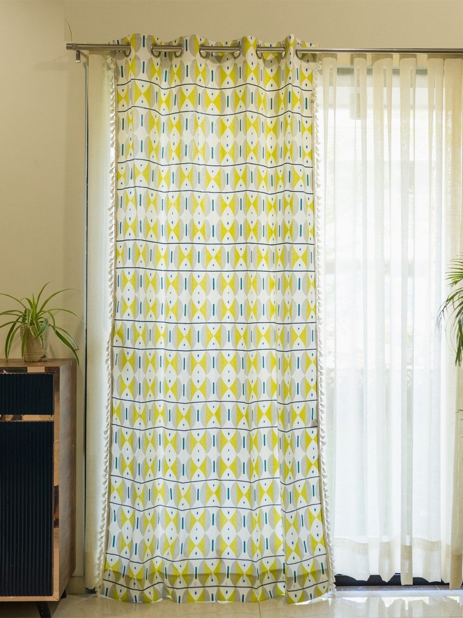 Urban Space Printed Yellow & White Cotton 5 ft Boho Window Curtain