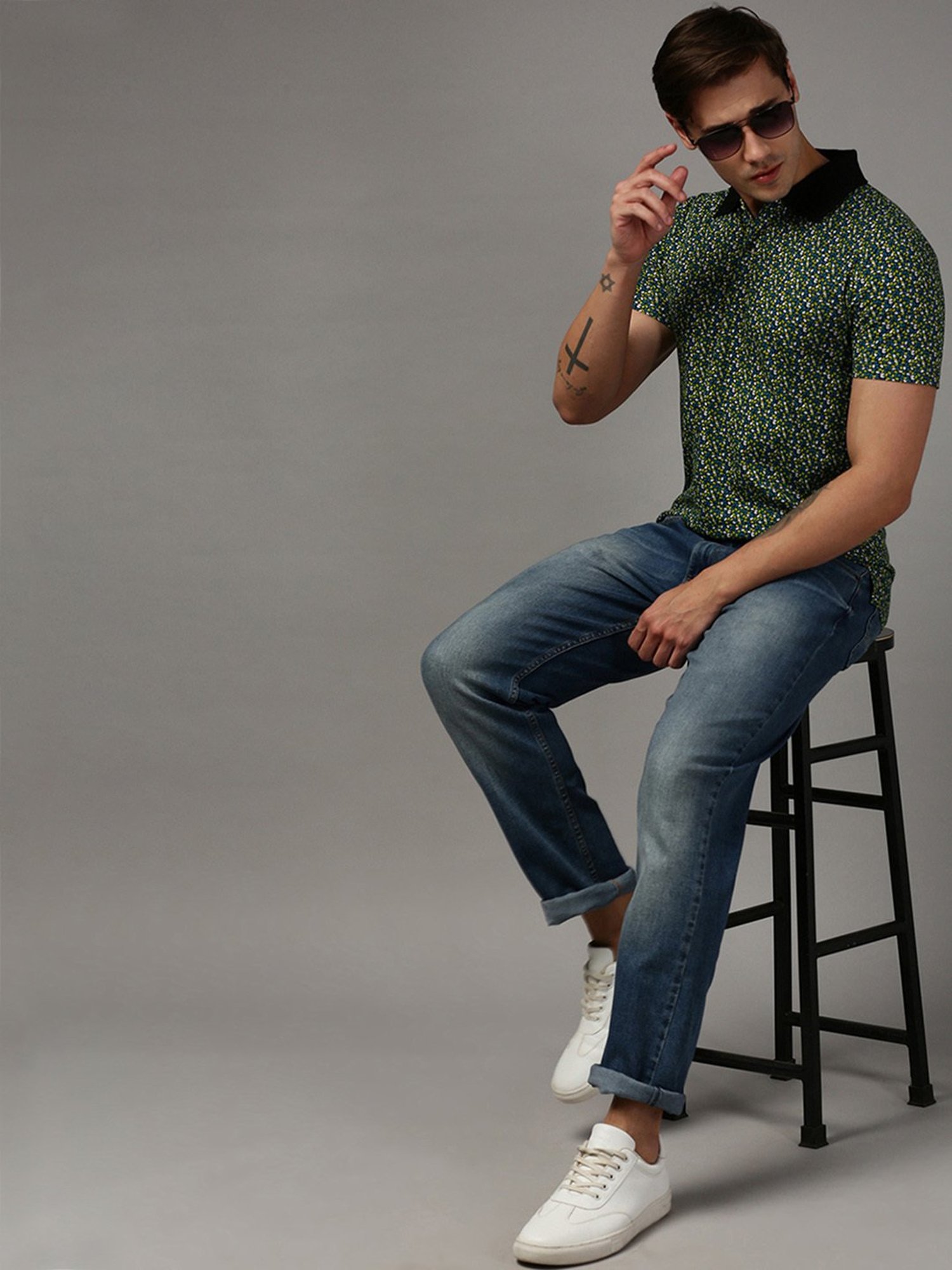 Kryptic Black Regular Fit Printed Polo T-Shirt