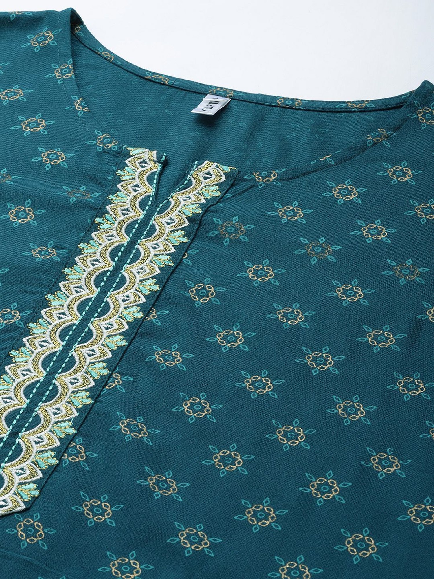 Yufta Teal Blue Embroidered Kurta Palazzo Set