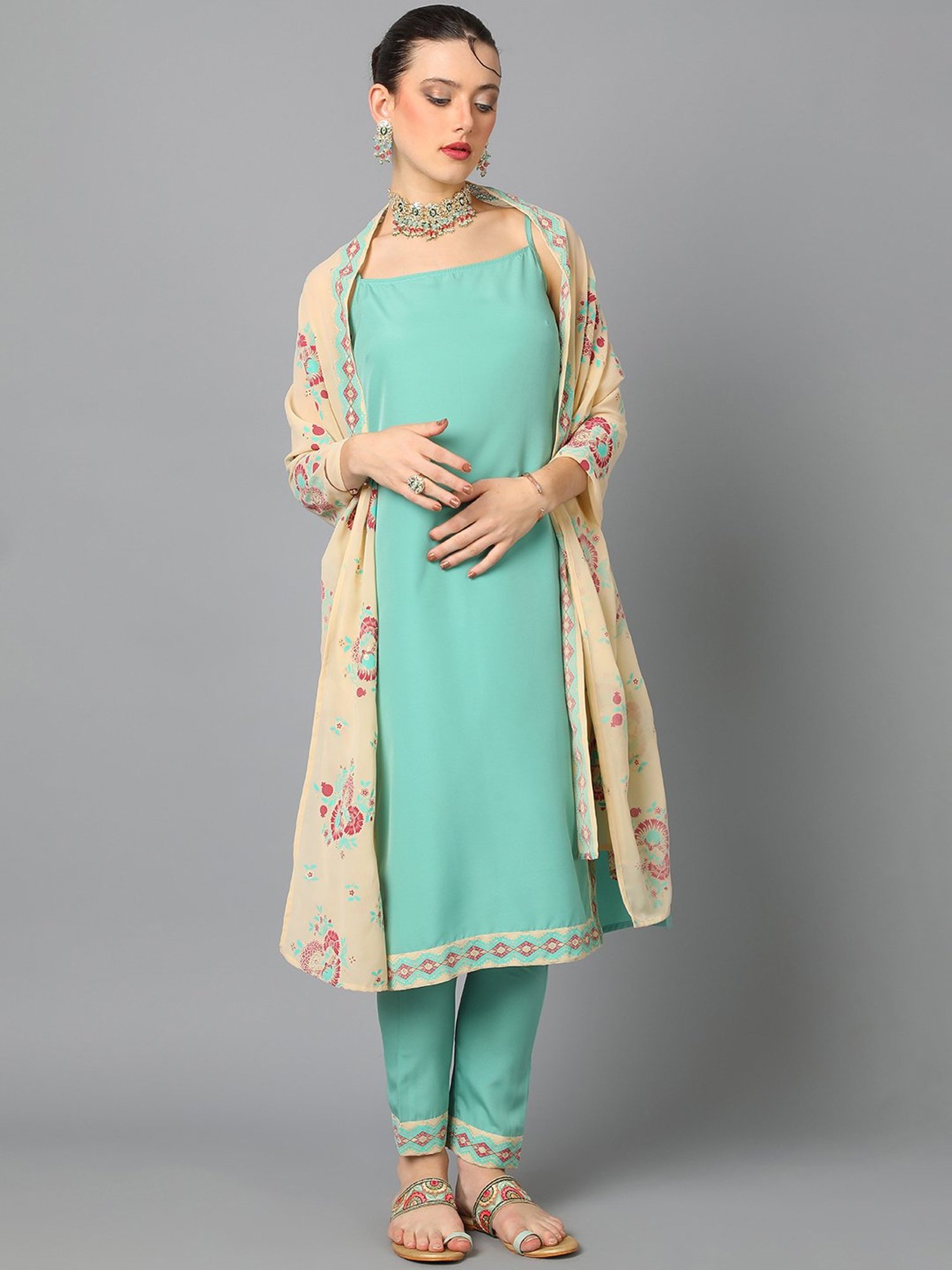 Ziyaa Aqua Green Printed Kurta With Pant & Dupatta