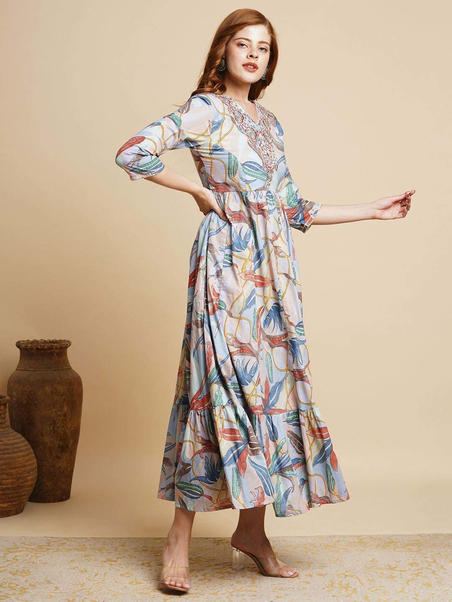 Fashor Blue Cotton Printed Maxi Dress