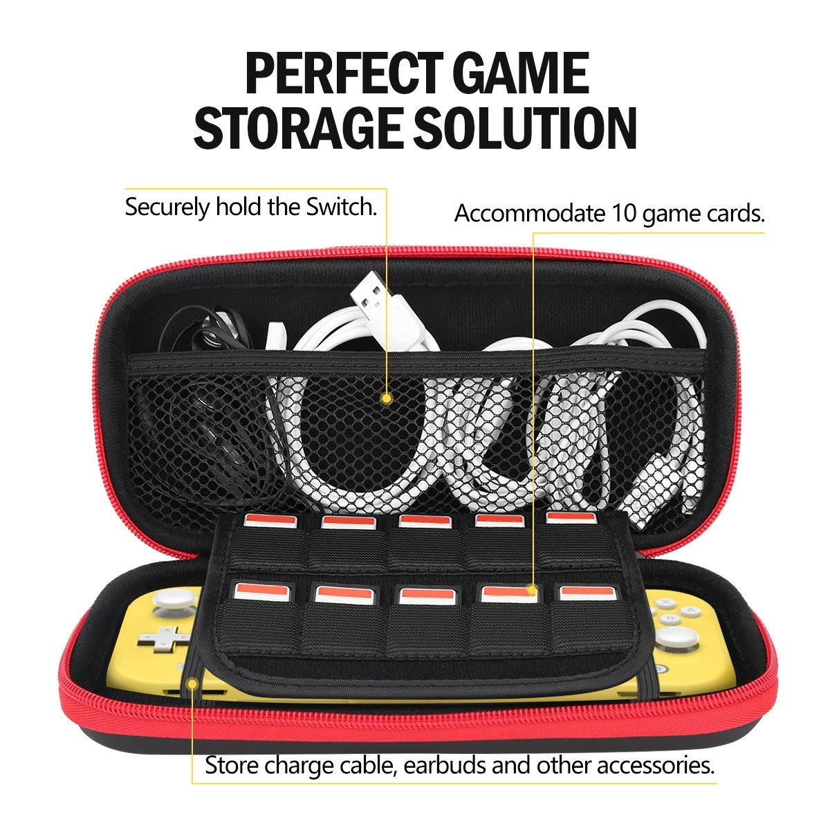 MoKo Carrying Case for Nintendo Switch Lite, Travel Case Hard Shell EVA Tough Storage Bag Holder for Nintendo Switch Lite Console, Accessories & Game Cards - Black & Red