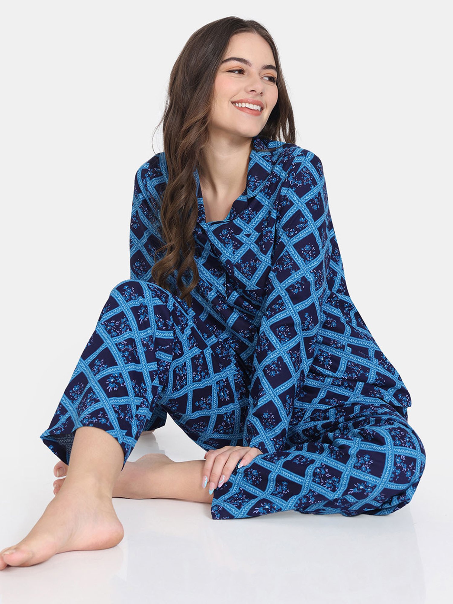 Zivame Blue Printed Shirt With Pyjamas