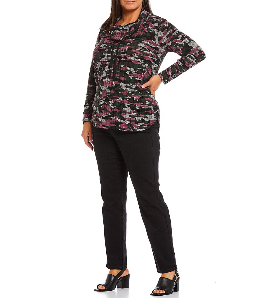 I.N. Studio Plus Size Multicolor Camo Print Long Sleeve Drawstring Cowl Neck Top