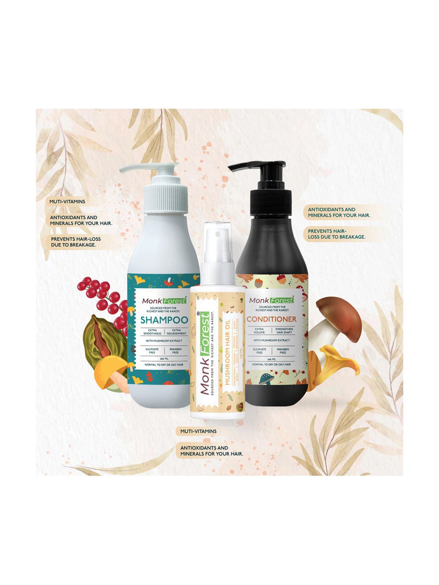 Monk Forest Mushroom Hair Shampoo, & Conditioner & Hair Oil with Cooling Effect