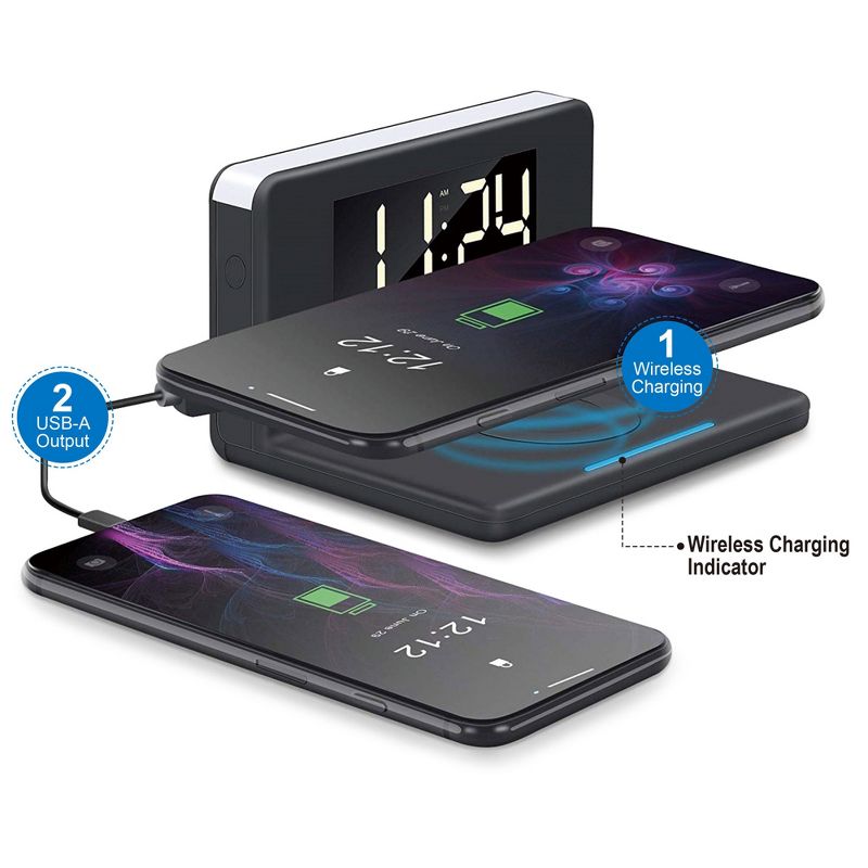 Nippon WAC-5251BLK iStuff 3 in 1 LED Illuminated USB Wireless Charger Multi Functional Alarm Clock with Night Light and 12 or 24 Hour Display, Black