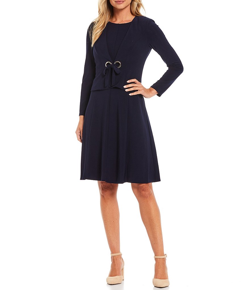 Jessica Howard Long Sleeve Round Neck Grommet Tie Jersey 2-Piece Jacket Dress