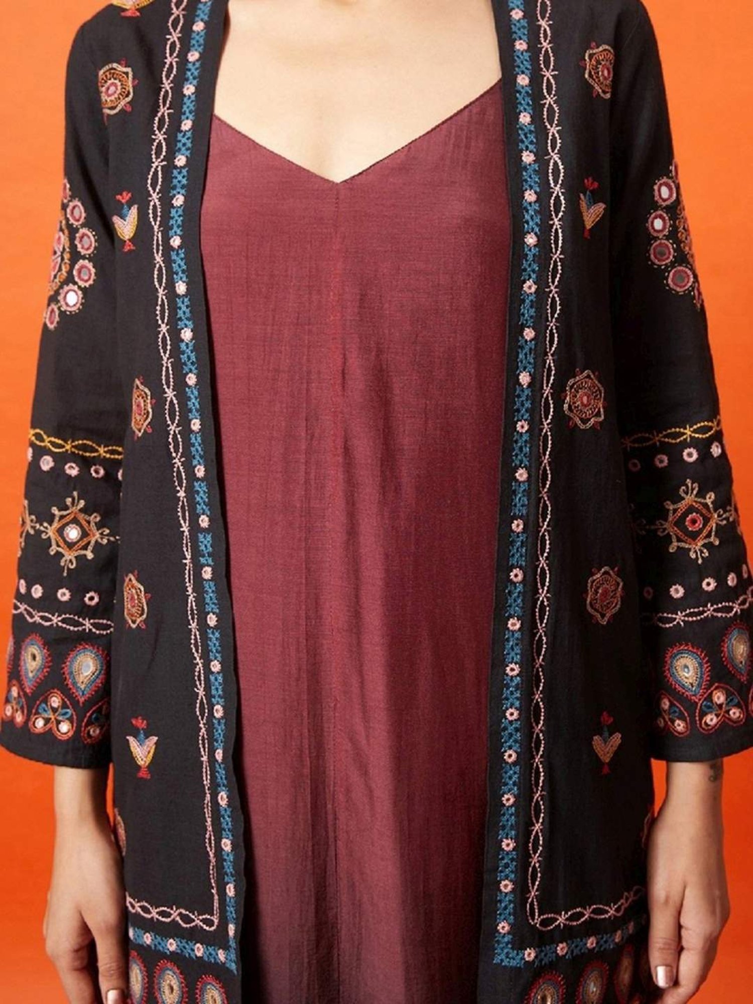 Okhai Maharani Black Pure Cotton Kutch Hand Embroidered Long Jacket