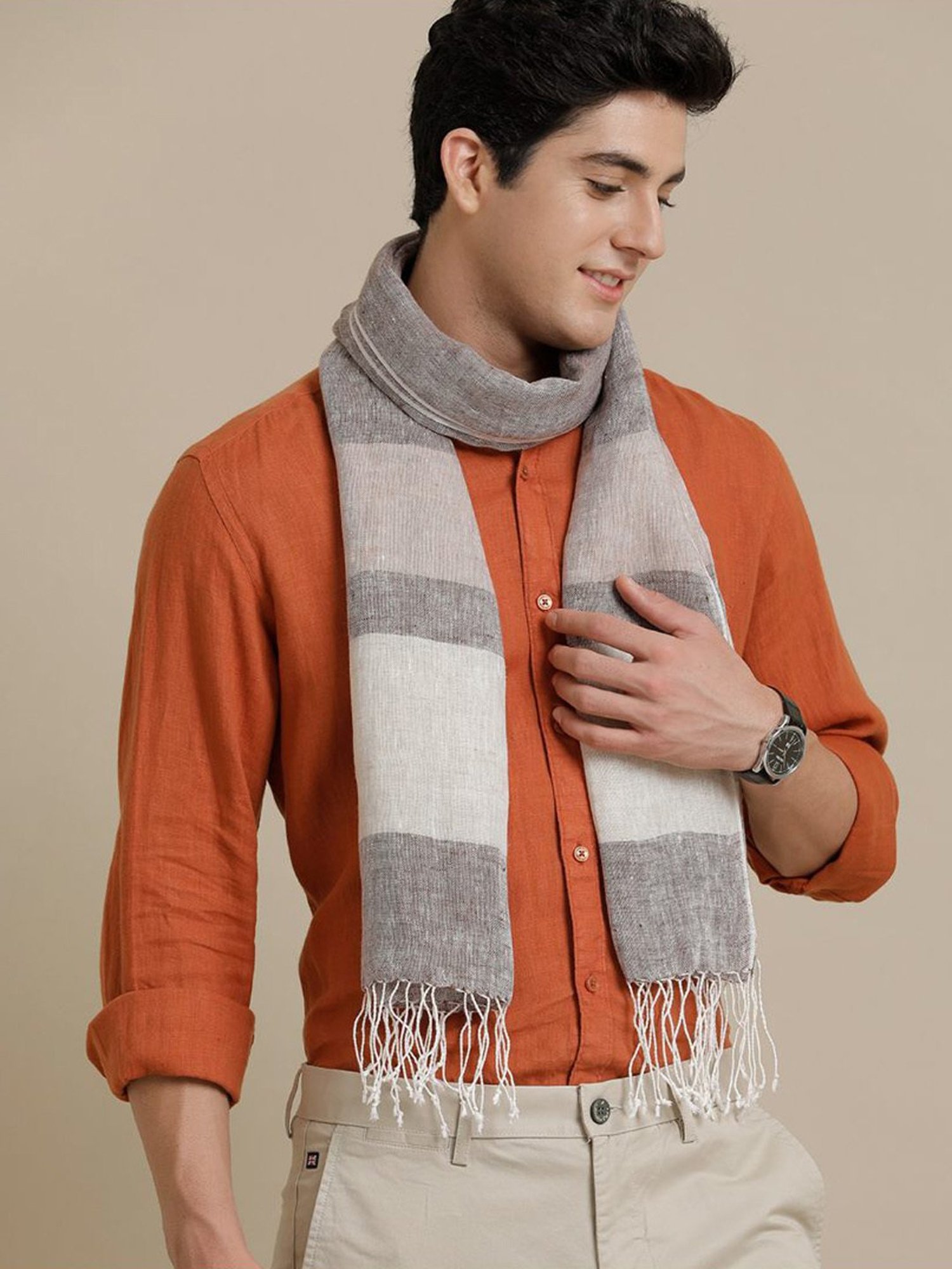 Linen Club Beige Striped Pure Linen Stole