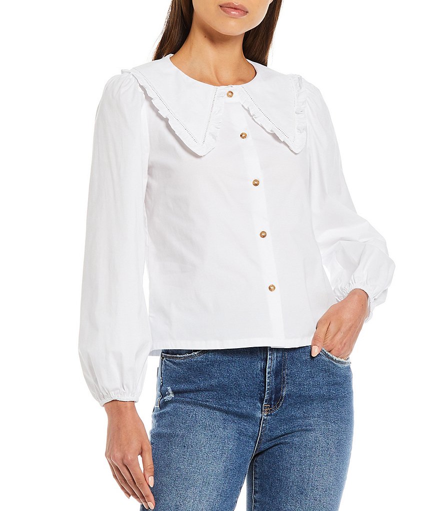 Chelsea & Violet Poplin Ruffle Peter Pan Collar Long Balloon Sleeve Blouse
