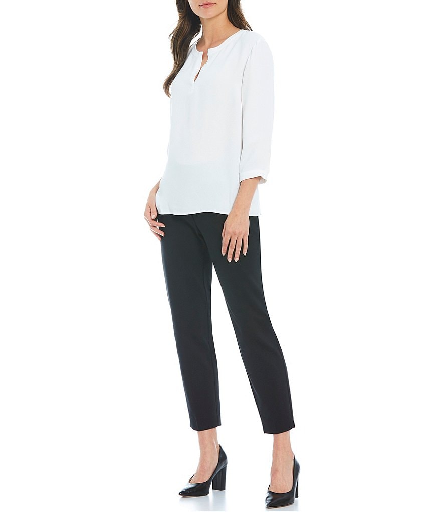 Ali Miles Petite Size Long Roll-Tab Sleeve Round V-Neck Pucker Knit Asymmetrical Tunic