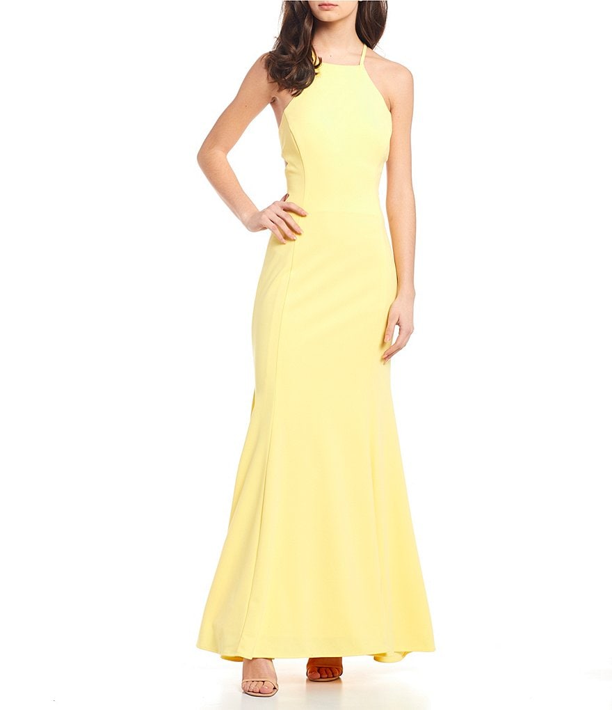 Morgan & Co. High Neck Lace-Up-Back Long Dress