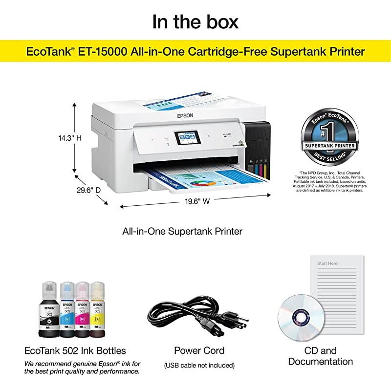 EcoTank ET15000 Wireless Color AllinOne Supertank Printer with Scanner Copier Fax Ethernet and Printing up to 13 x 19 Inches Works with Alexa