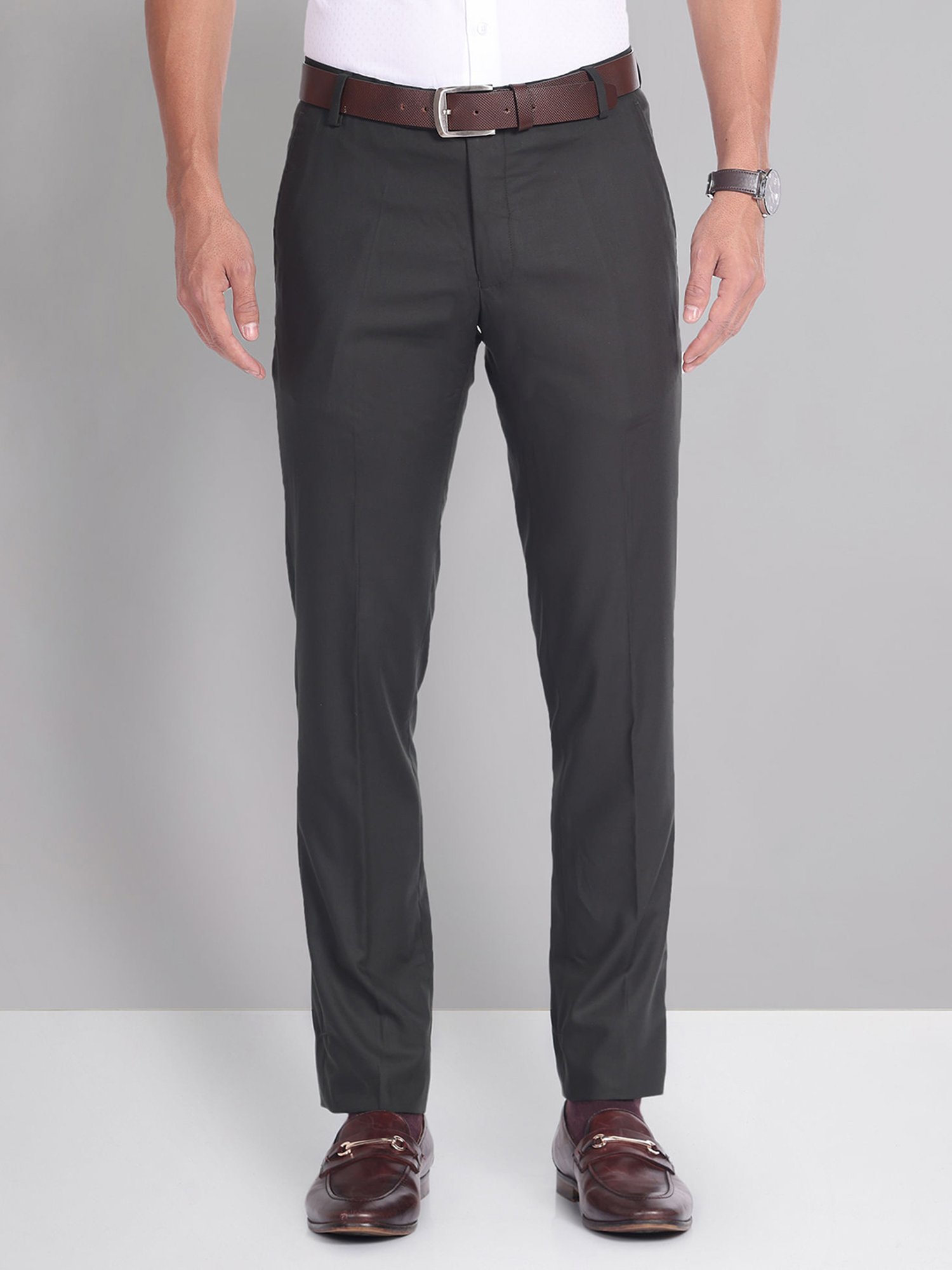 AD by Arvind Dark Green Slim Fit Flat Front Trousers