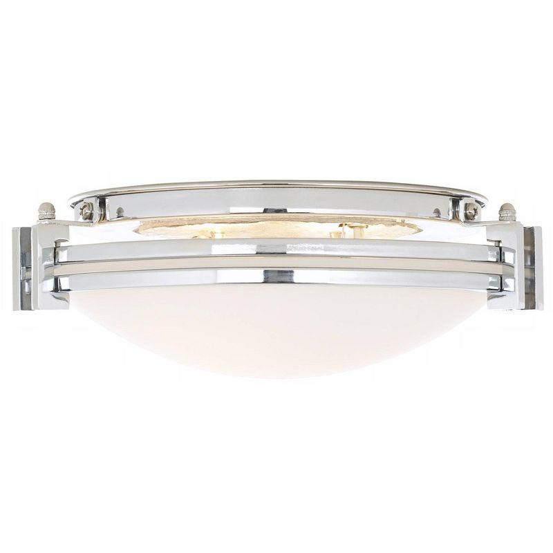 Possini Euro Design Art Deco Ceiling Light Flush Mount Fixture Chrome 12 3/4" Wide White Glass Bowl for Bedroom Kitchen Hallway