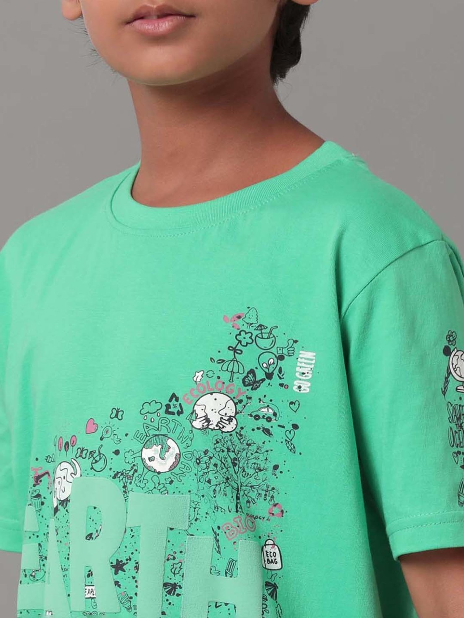Under Fourteen Only Kids Green Cotton Printed T-Shirt
