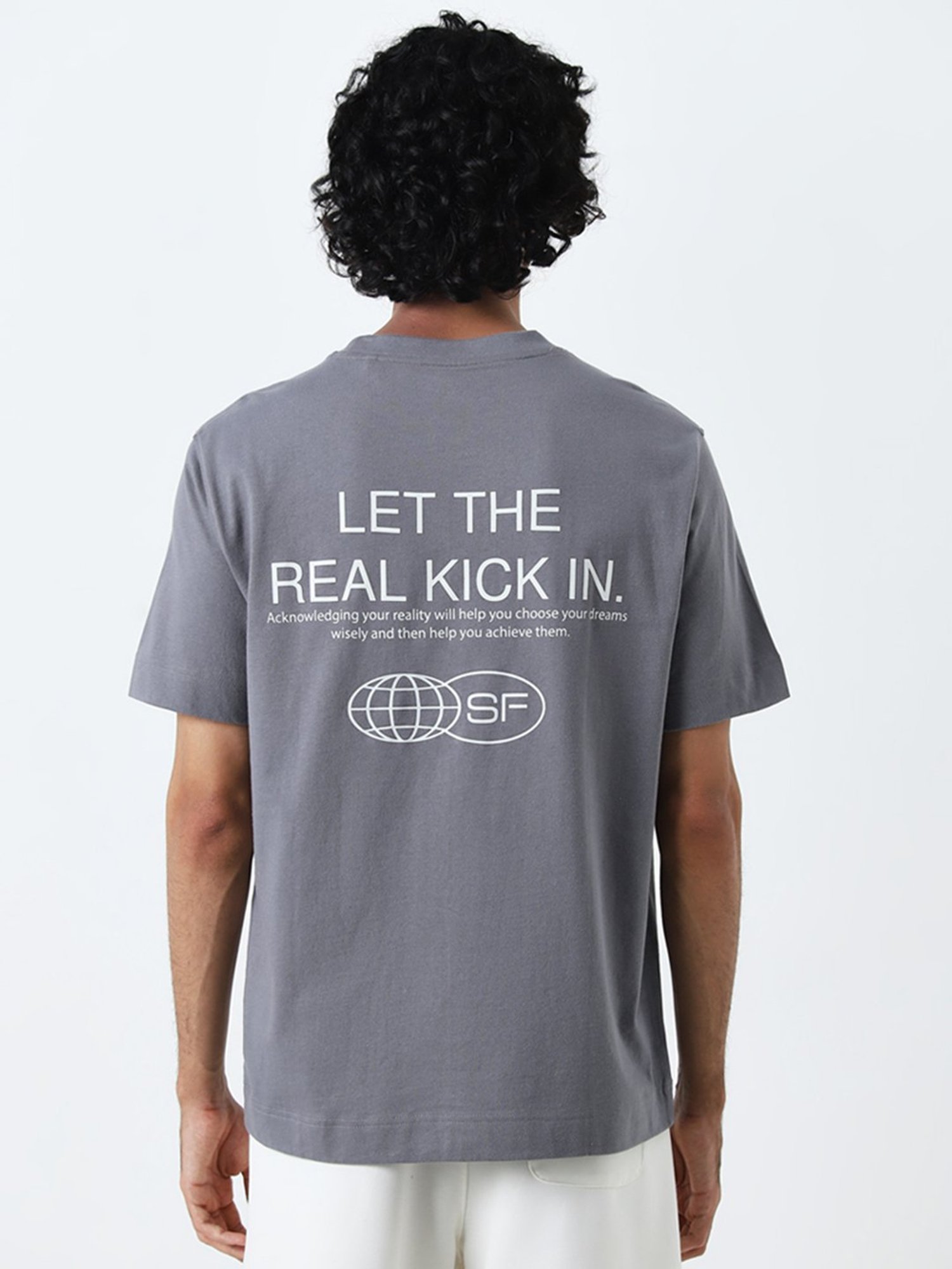 Studiofit by Westside Grey Text Printed Relaxed-Fit Cotton T-Shirt