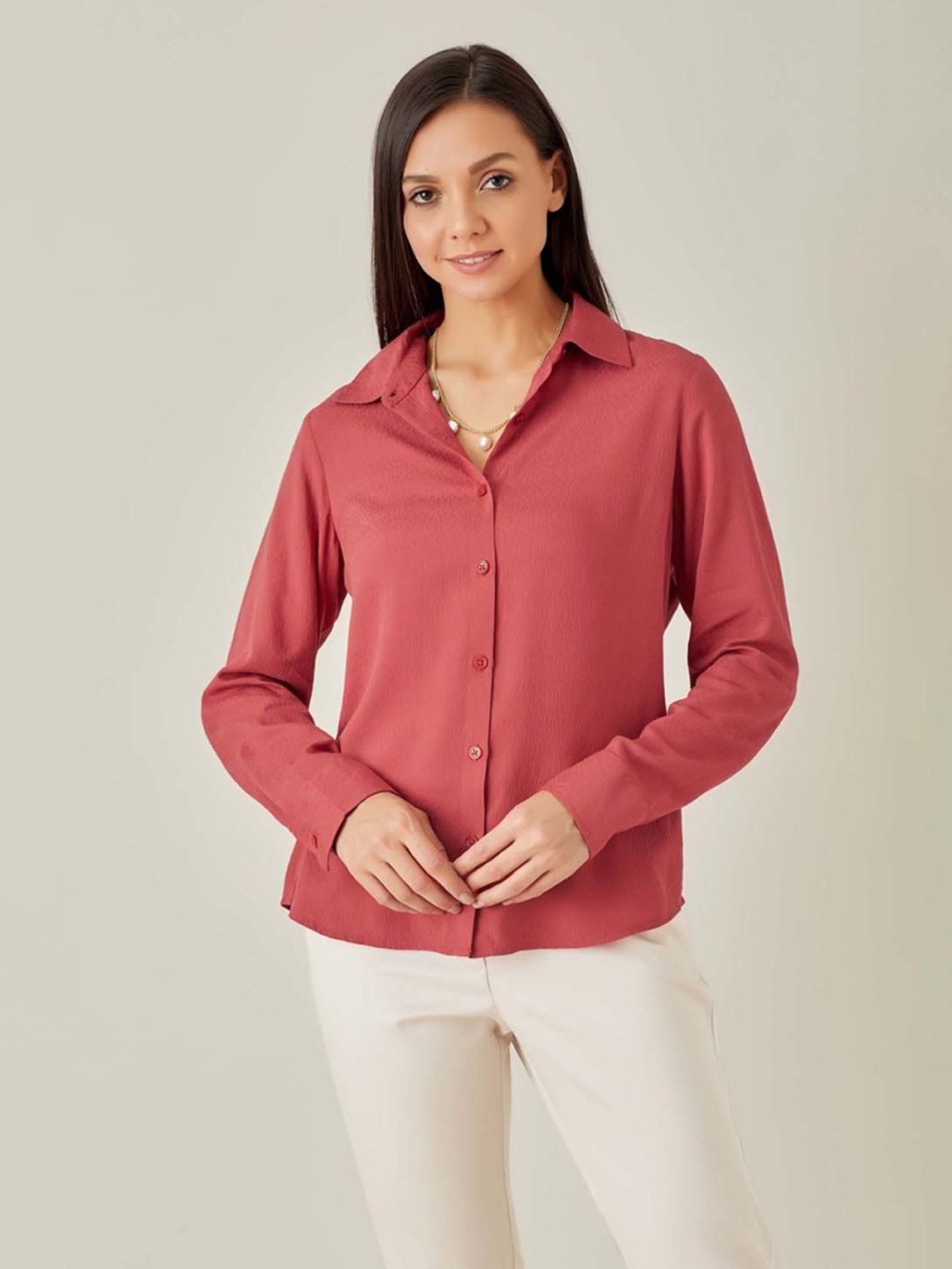 Qua Brick Red Textured Dobby Shirt