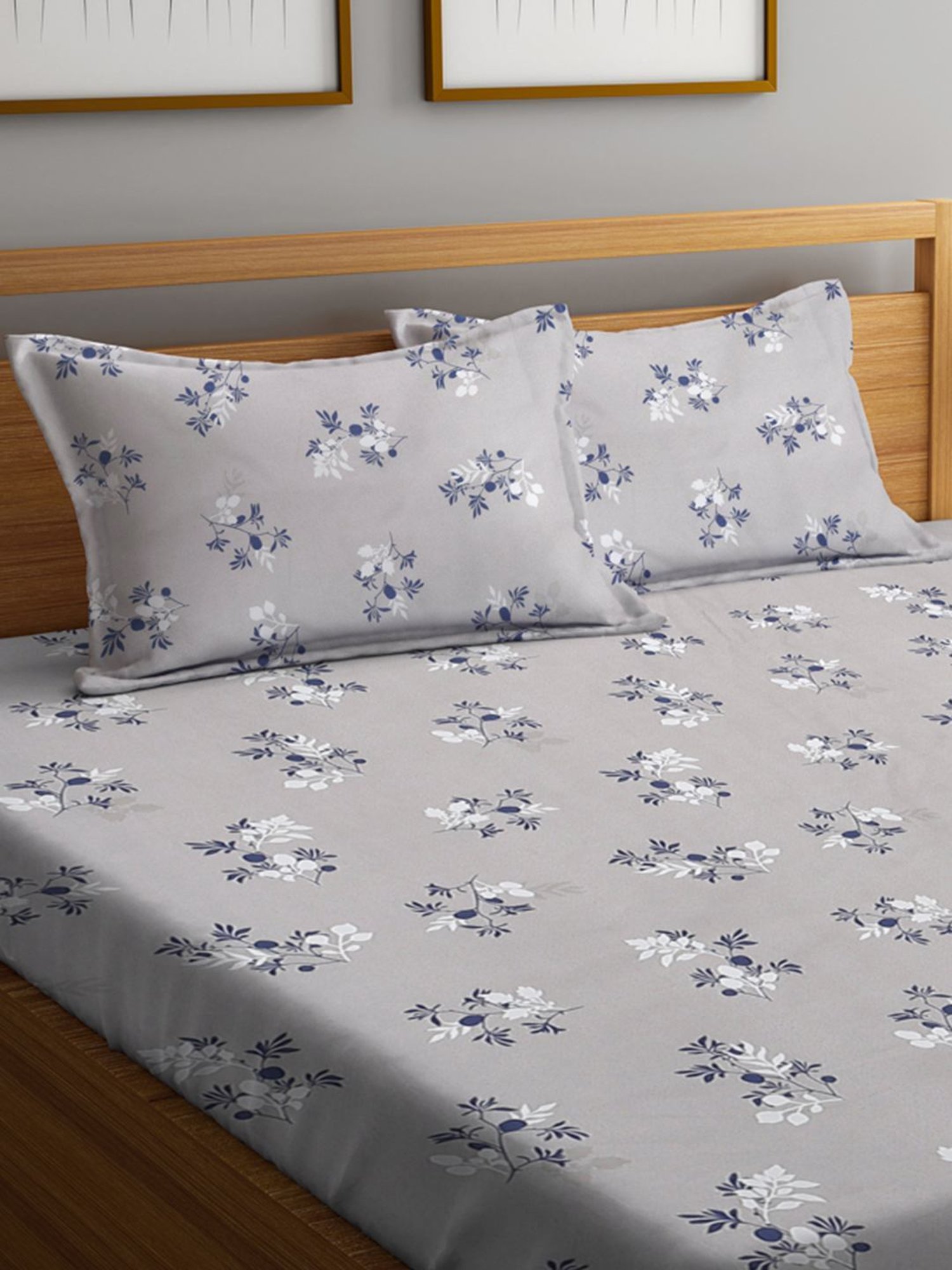 Klotthe Printed Grey 300 TC Cotton Blend Double Bed Sheet with 2 Pillow Covers