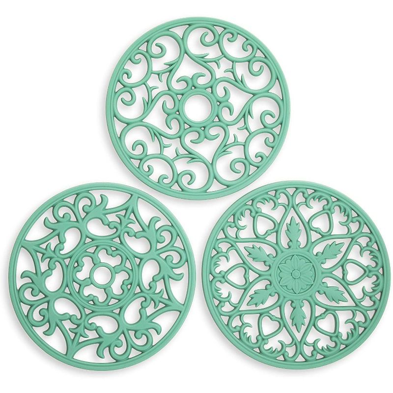 Silicone Carved Trivets for Kitchens, Nonslip (7.9 Inches, Green, 3 Pack)