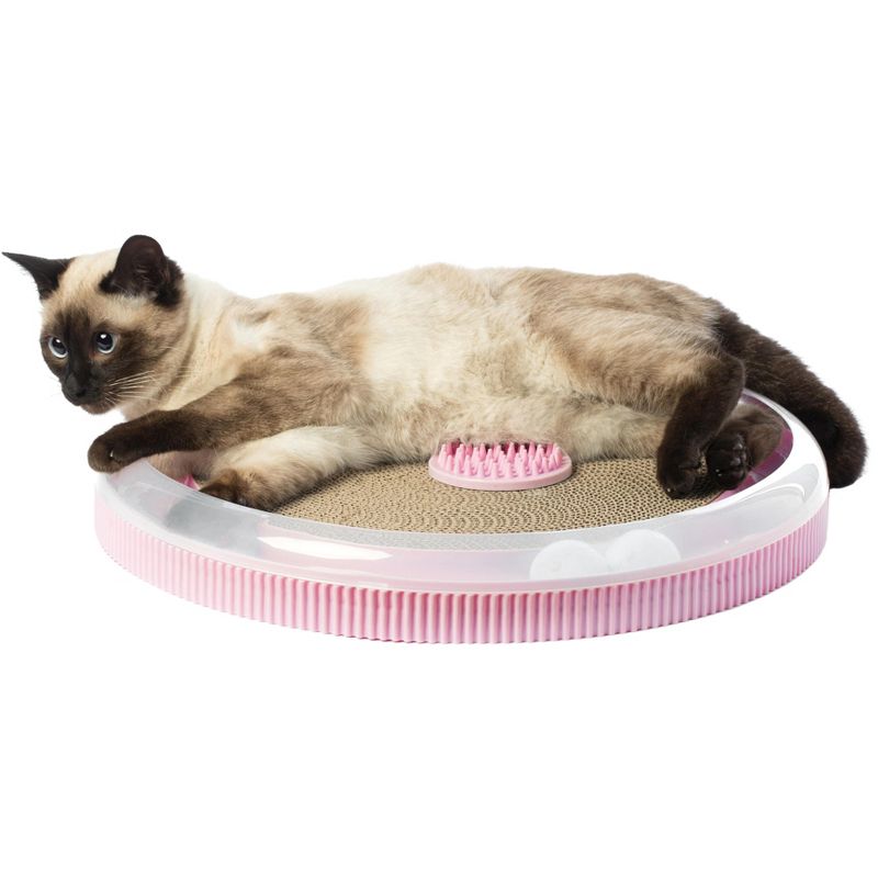 PawsMark Pink 4 in 1 Interactive Round Cat Scratcher, Lounge, Toy and Brush