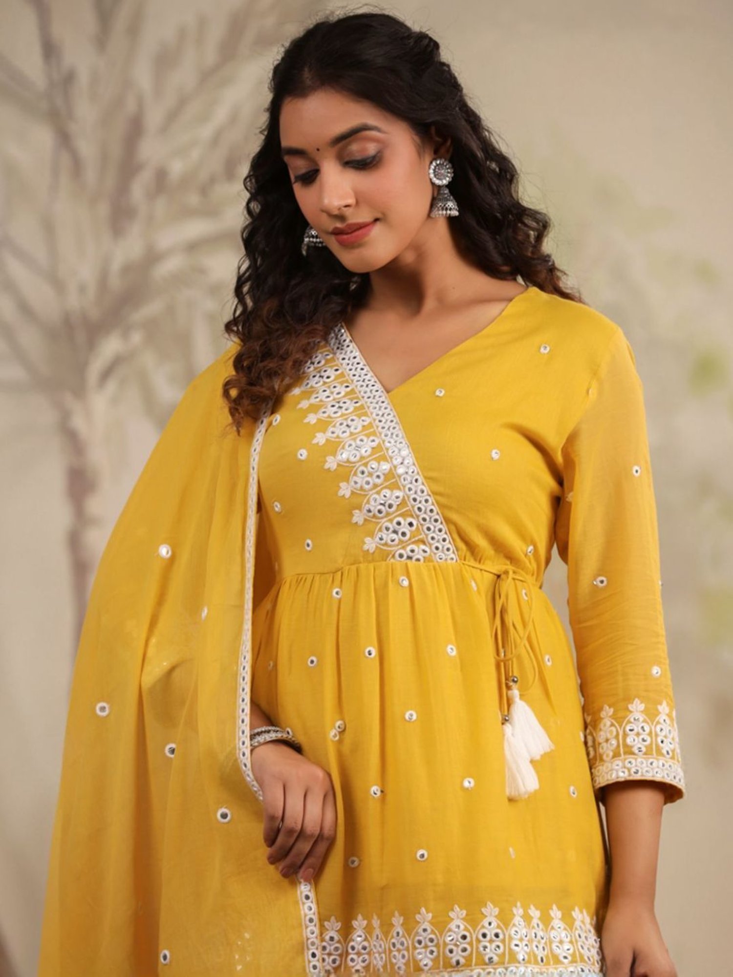SCAKHI Mustard Mulmul Mirror Embroidered Peplum Kurta With Sharara And Dupatta