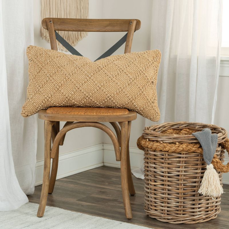 14"x26" Oversized Macramé Diamond Pattern Lumbar Throw Pillow Cover Dark Gold - Donny Osmond Home