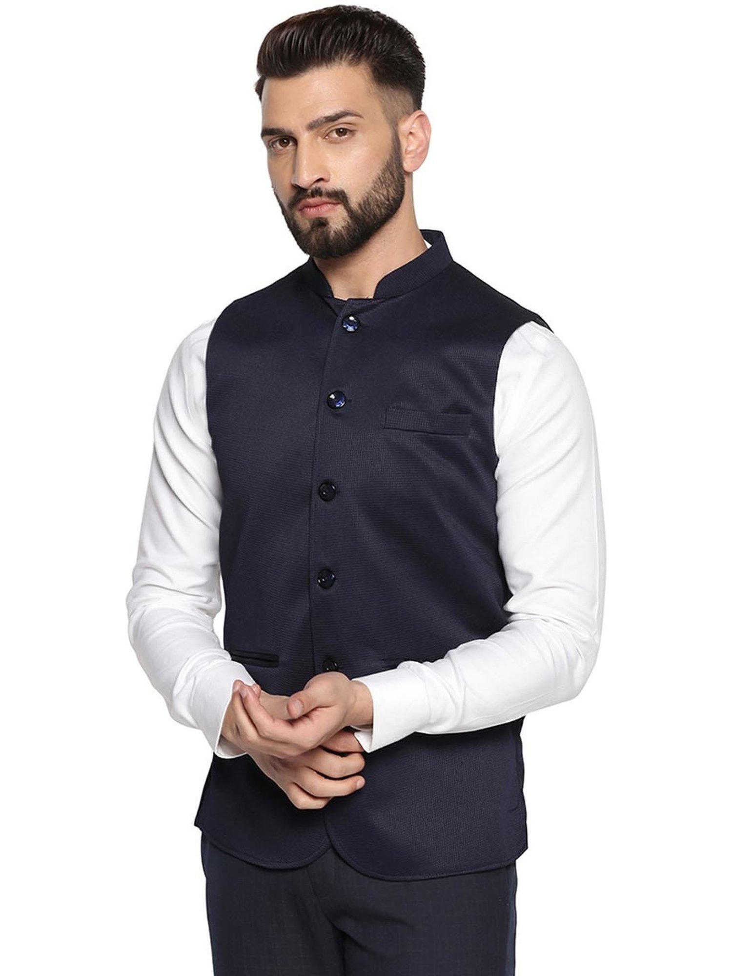 TAHVO Navy Blue Cotton Slim Fit Nehru Jacket