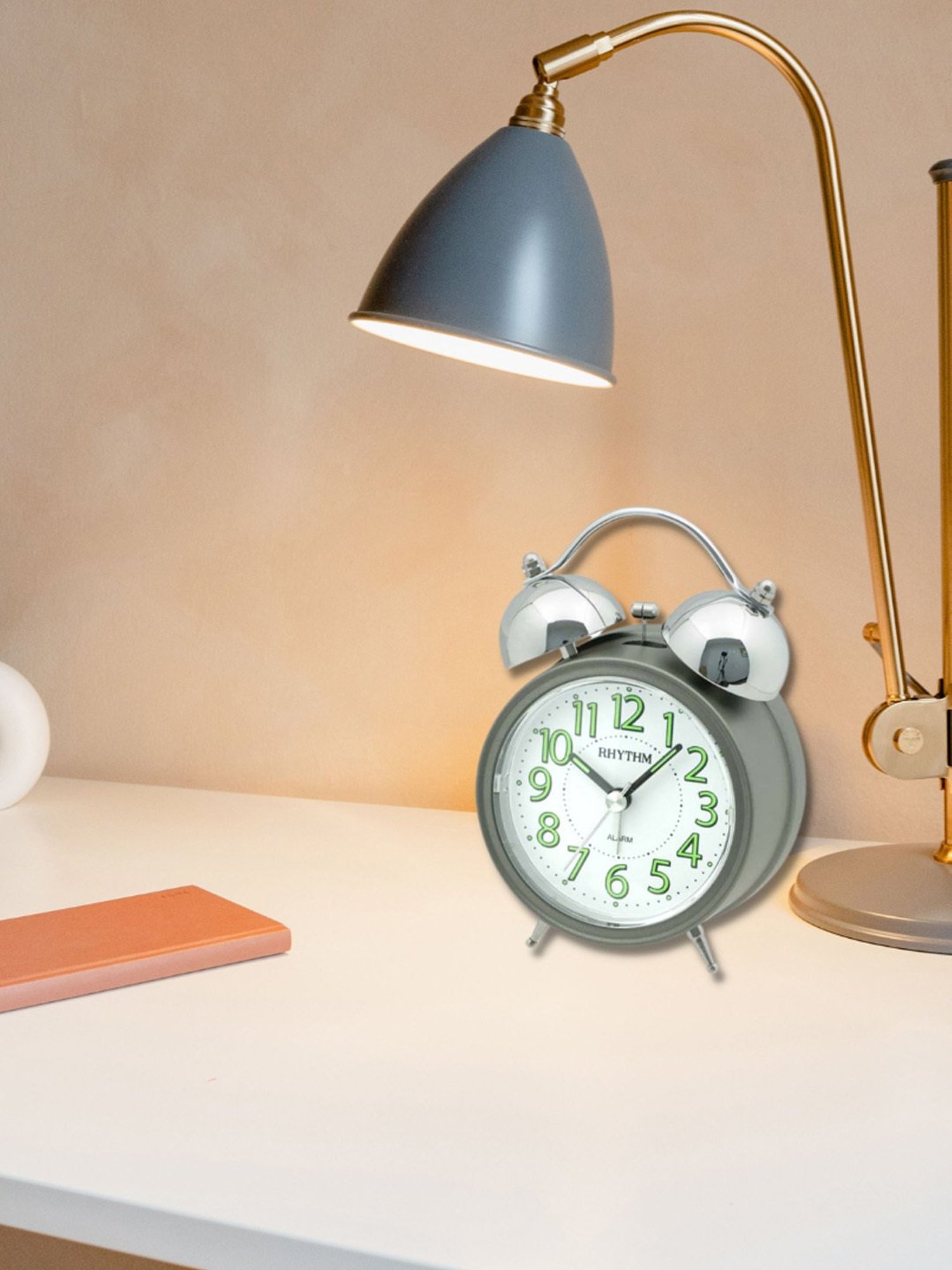 RHYTHM Grey Plastic Elegant Round Grey Light Silky Move Bell Alarm Snooze Lumibrite Table Clock