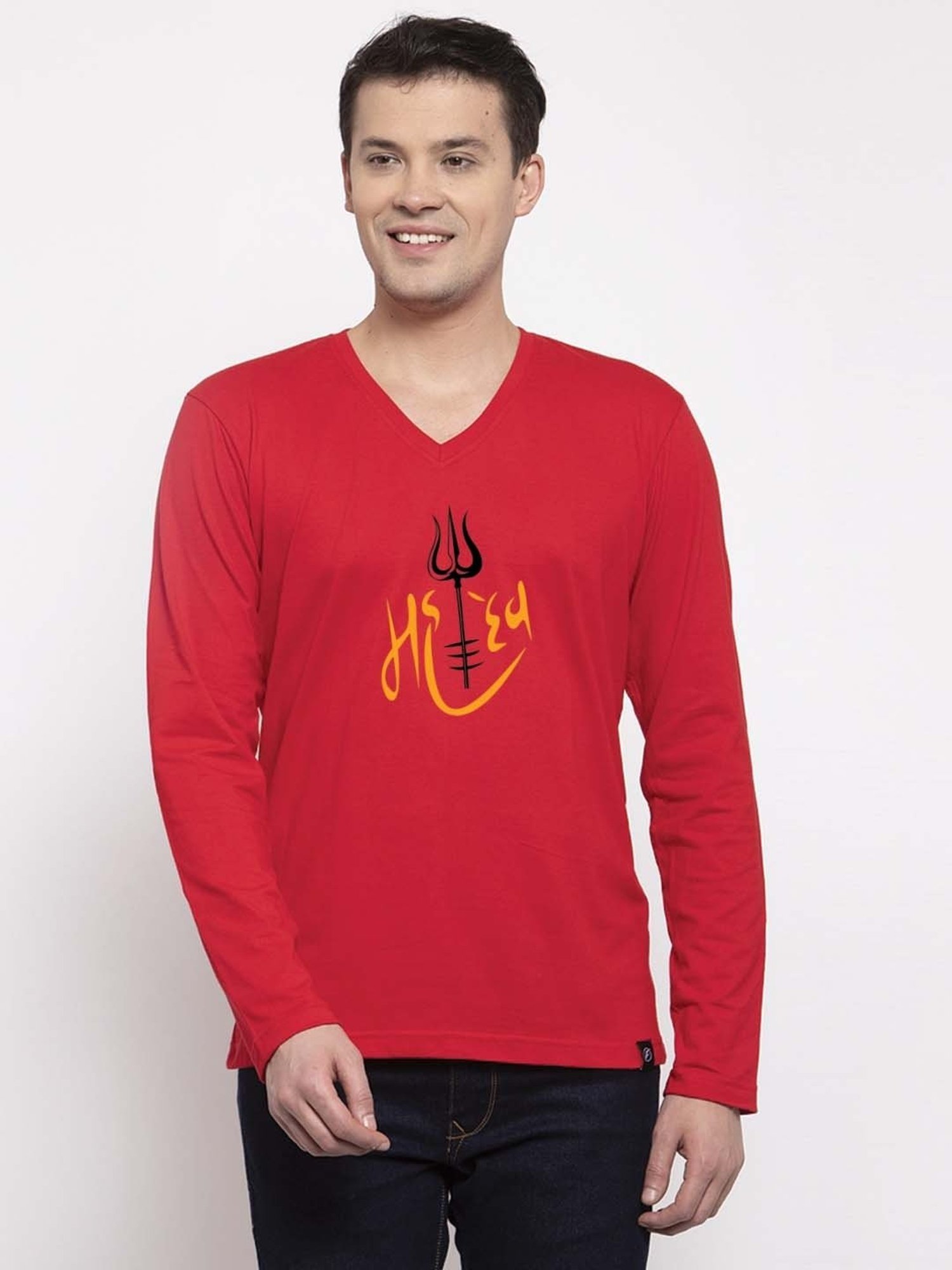 Friskers Red Cotton Slim Fit Printed T-Shirt