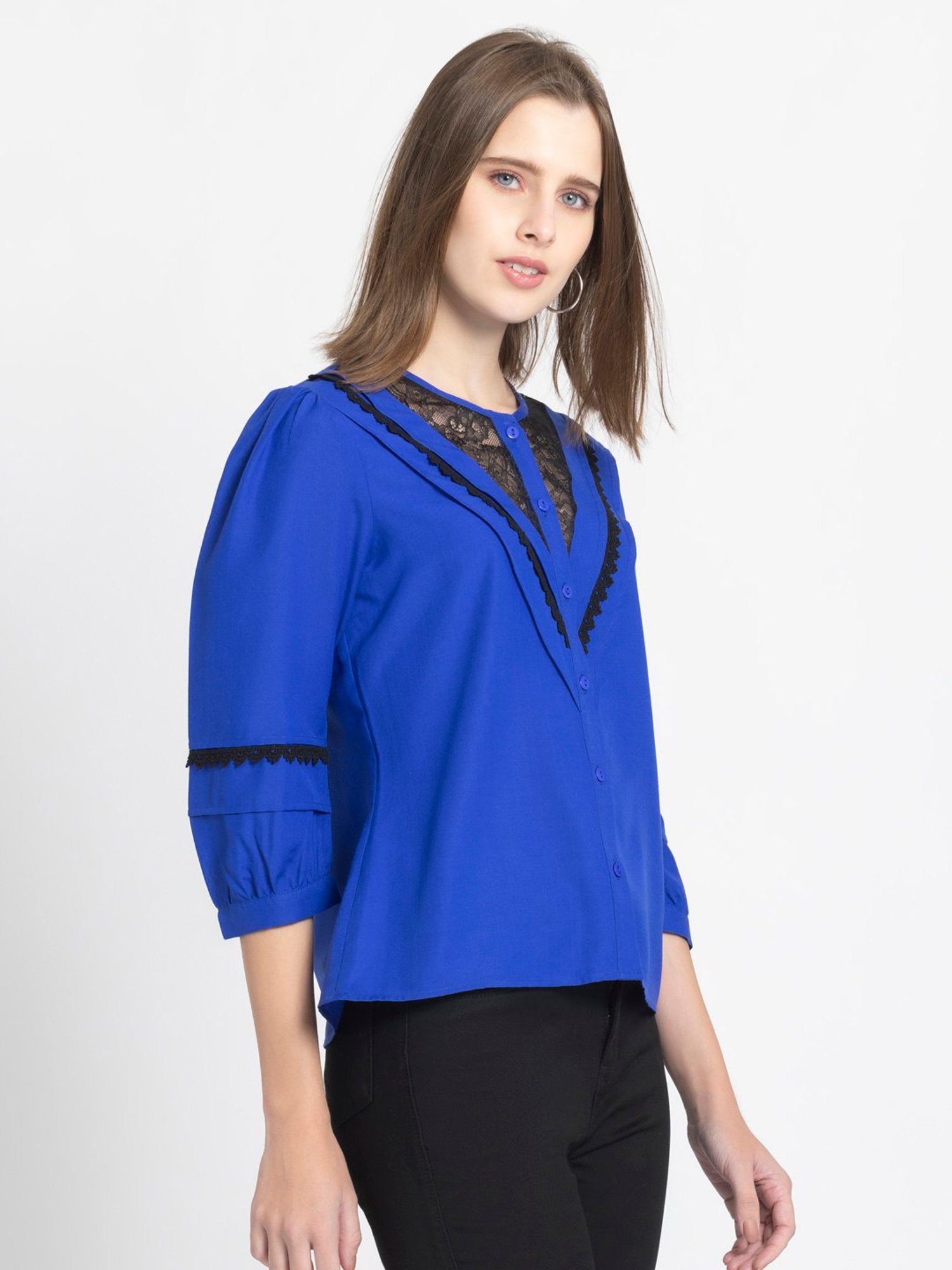 SHAYE Blue & Black Lace Top