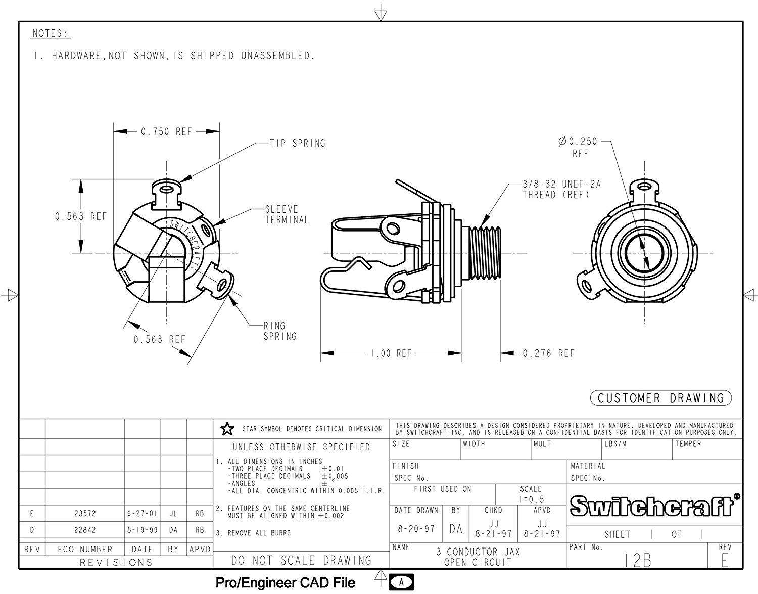 Switchcraft 1/4" Stereo 3-Conductor Input Jack, Double Open Circuit (Type 12B)