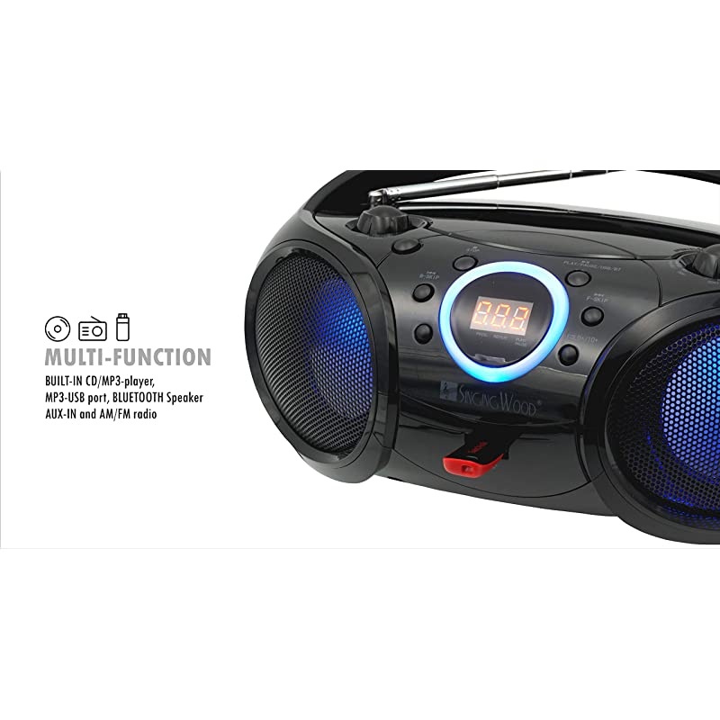 CD Player Boombox CDCDRCDRW Portable wBluetooth USB AMFM Radio Aux LineInput Headset Jack Foldable Carrying Handle and LED Light Phantom Black