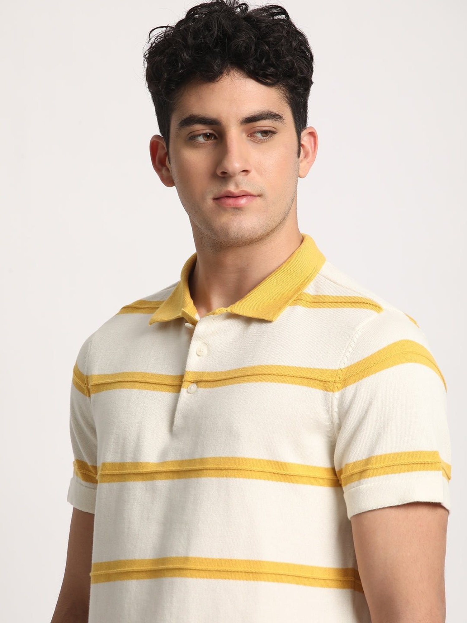 The Bear House Cream Cotton Regular Fit Striped Polo T-Shirt