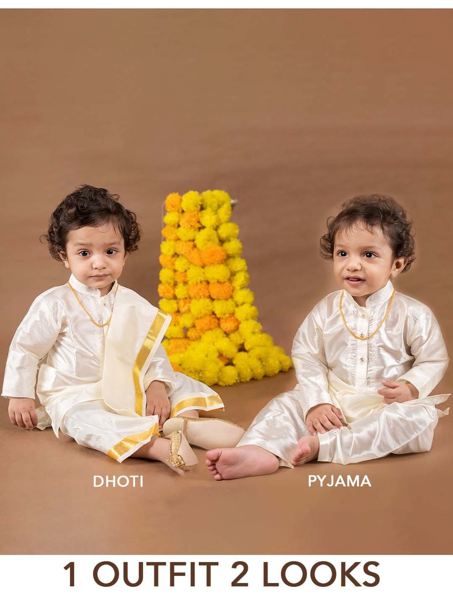 Baby Moo Kids Cream & Yellow Regular Fit Full Sleeves Kurta Set