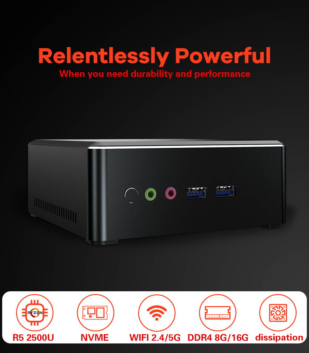 MINIPC  MN25(Mini PC)AMD R5 Black Mini / Booksize Barebone System, Processor 16GB RAM 512GB SSD, Dual Band WiFi Gigabit Ethernet BT 4.1Support Auto Power On