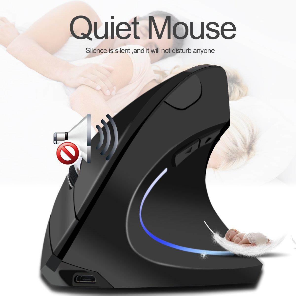 2.4G USB Wireless Vertical Mouse Rechargeable Ergonomic Optical Computer Mouse with 3 Adjustable DPI 1000/1200/1600 Levels 6 Buttons for Laptop, PC, Computer, Desktop, Notebook - Black