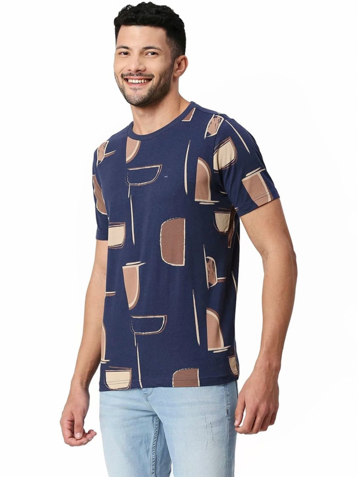 Basics Blue Muscle Fit Printed T-Shirt