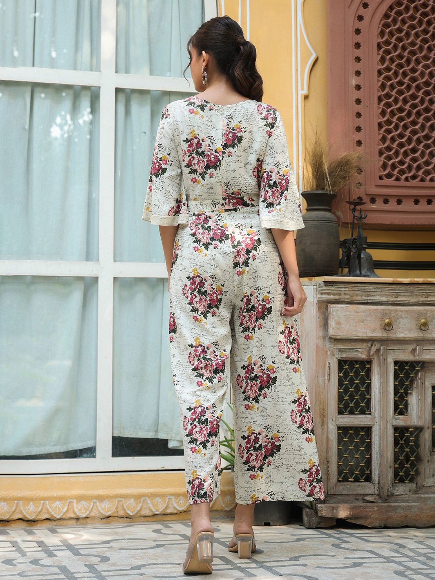 Juniper Off-White Floral Printed Rayon Slub Jumpsuit With Zip Closure