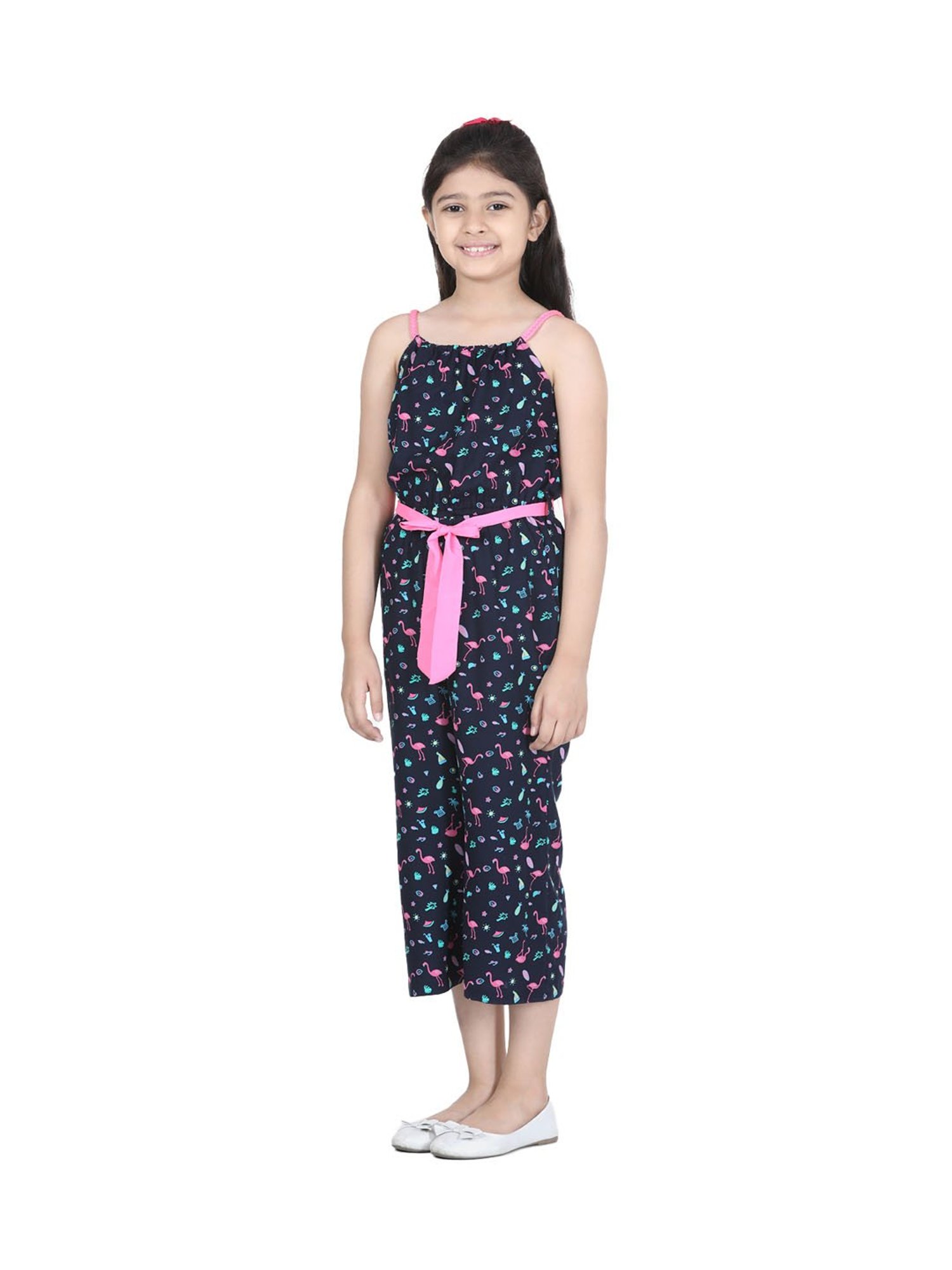 StyleStone Kids Navy & Pink Printed Jumpsuit with Belt