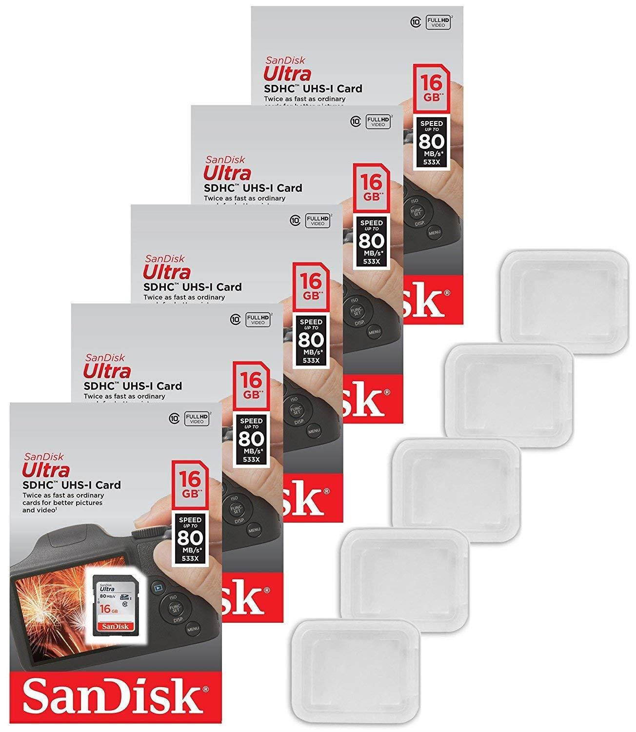 5x Genuine SanDisk Ultra 16GB Class 10 SDHC Flash Memory Card Up To 80MB/s Memory Card (SDSDUNC-016G-GN6IN) W/ Memory Card Case (5pcs)