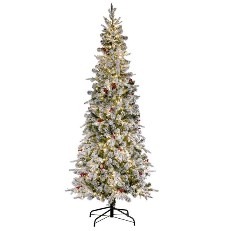 Haute Decor 7 Foot Lexington Slim Artificial Indoor Flocked Fir Tree with 1400 Warm White LED Lights and 34 Red Berry Clusters, Green