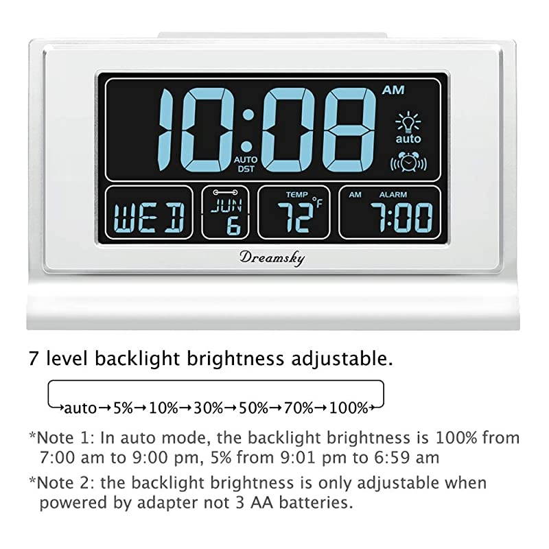 Auto Set Digital Alarm Clock with USB Charging Port 66 Inches Large Screen with TimeDateTemperature Display Full Range Brightness Dimmer Auto DST Setting Snooze White