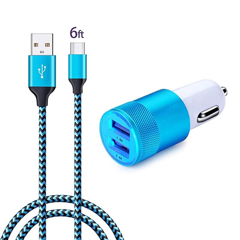 C USB Car Charger for Samsung Galaxy S21+ S21 Ultra 5G S20 FE S20+ S10 Plus Note20 A52 A51 A71 A72 A10e, Google Pixel 5 4a, Dual-Port Power Cigarette Lighter Adapter 6ft USB C Cord Braided Cable