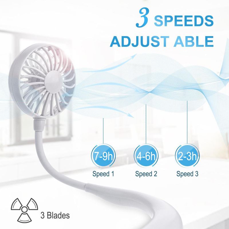 3 Speed Hand Free Neck Mini Portable Fan For Outdoor Camping Office Home Travel - White