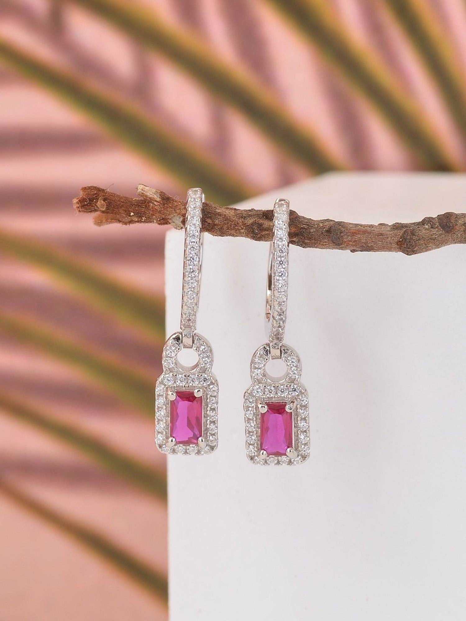 925 Silver Rectangular Red Ruby and American Diamond Bali Hoop Earrings for Women & Girls