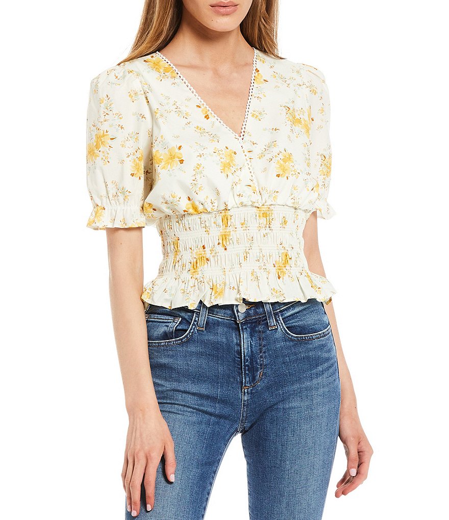 WAYF Floral Print Smocked Waist V-Neck Short Sleeve Top