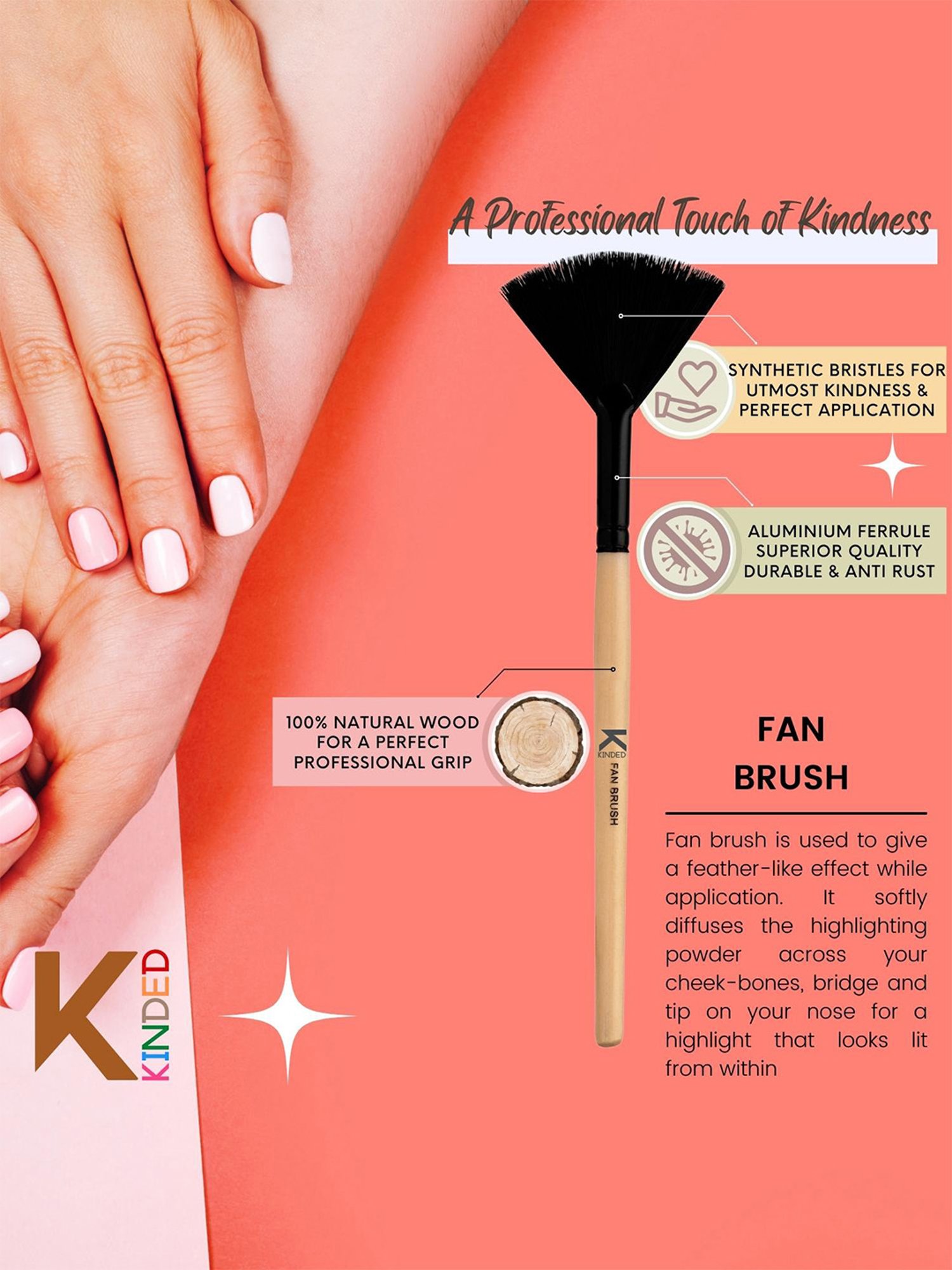 KINDED Fan Makeup Brush with Natural Wooden Handle